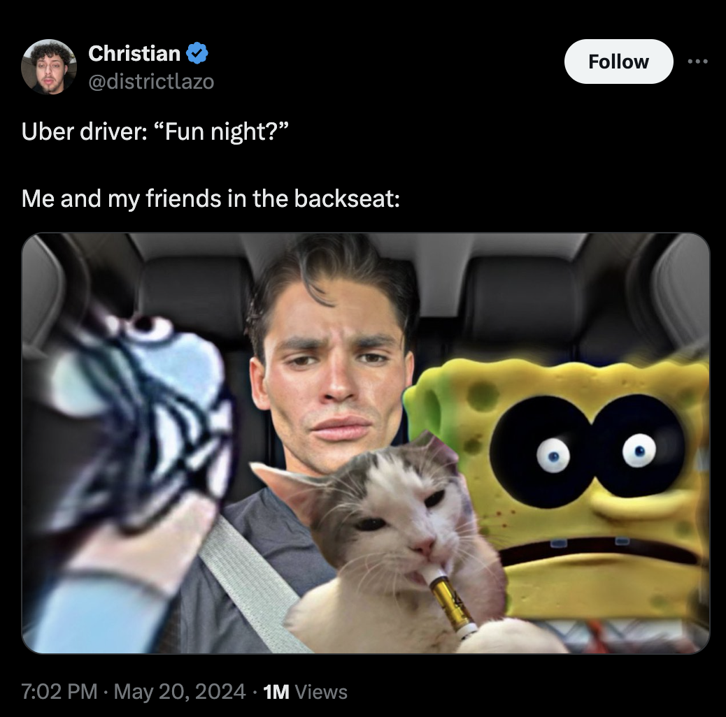 ferret - Christian Uber driver "Fun night?" Me and my friends in the backseat 1M Views go